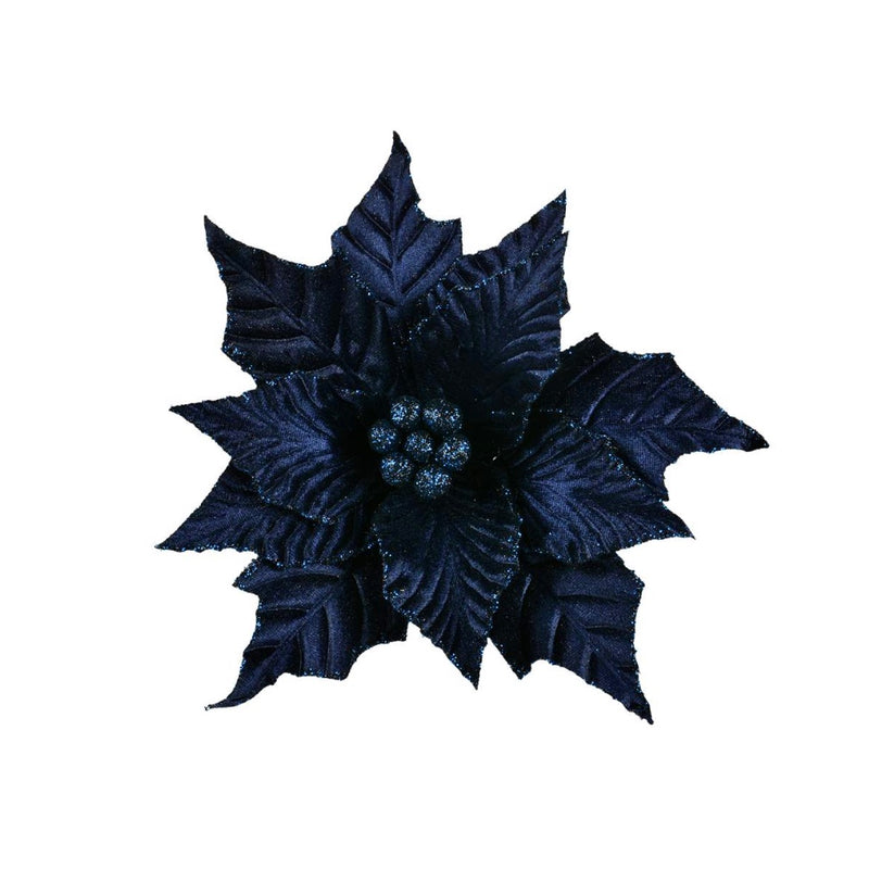 Navy Velvet Poinsettia Clip | Putti Christmas Decorations