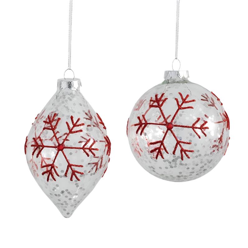 Clear with Red Snowflakes Glass Ornaments  | Putti Christmas Decorations 