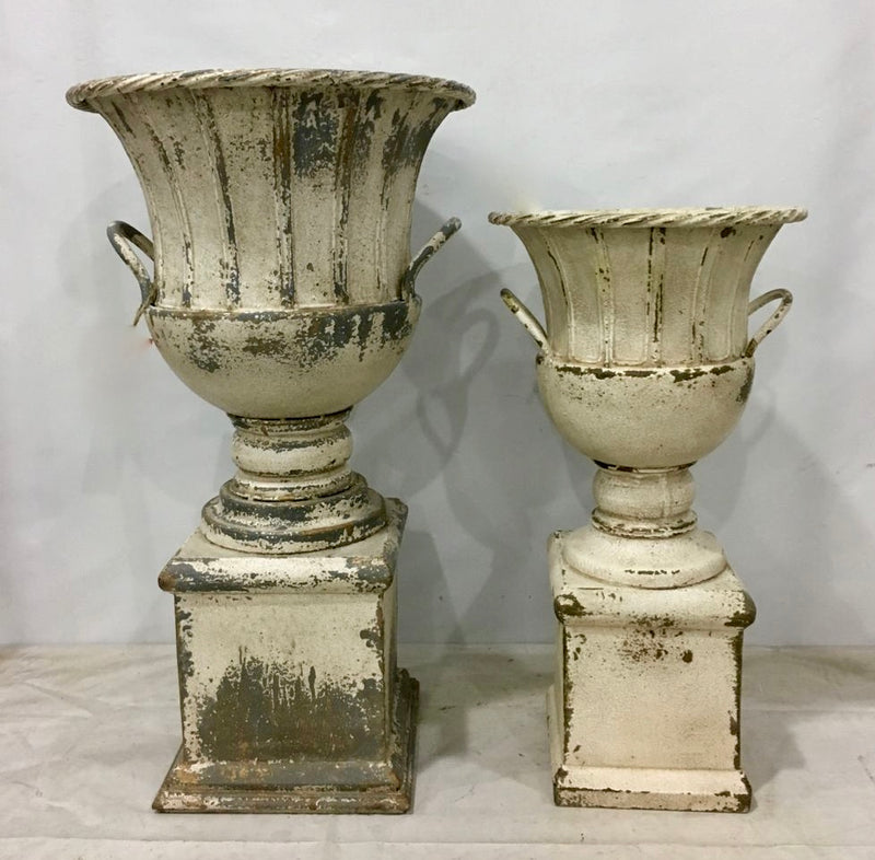 Metal Urns with Distressed White Finish
