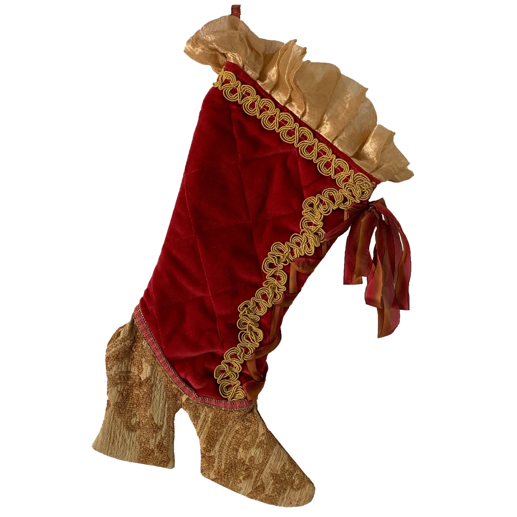 Red Velvet Christmas Stocking with Gold Brocade | Putti Christmas Celebrations 