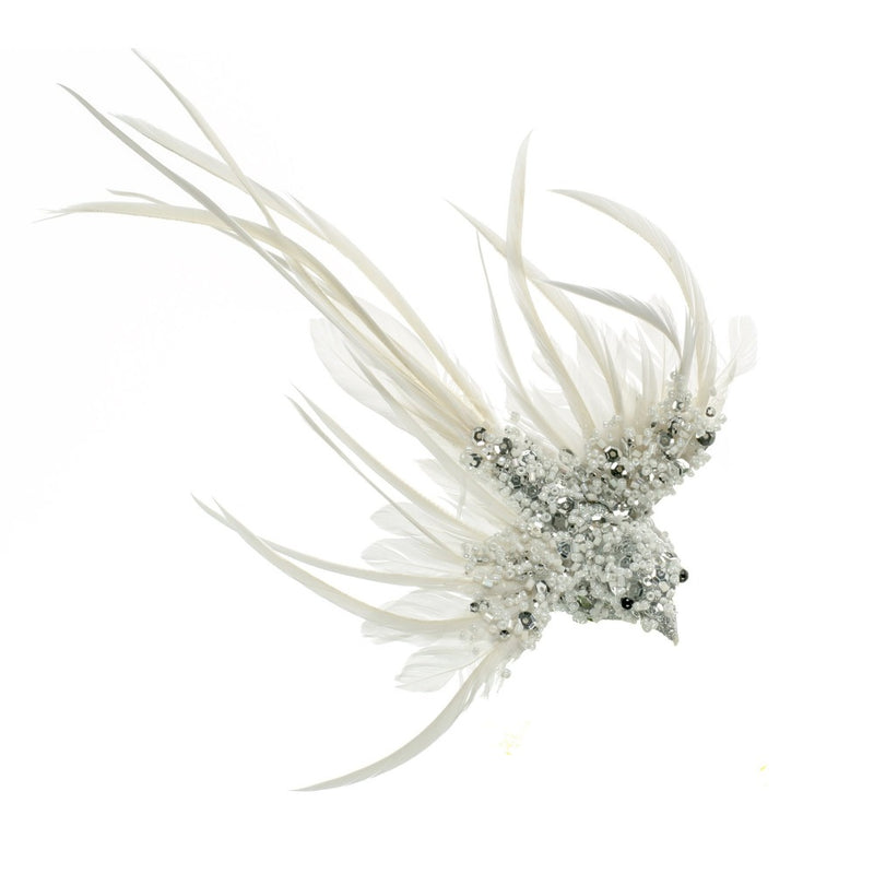White and Silver Beaded Feather Bird with Clip