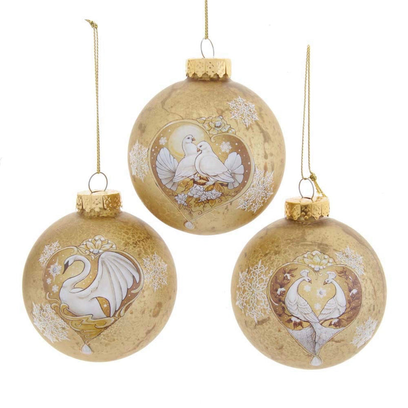 Kurt Adler Gold Swan, Dove, and Peacock Ornaments - 6 Piece Box Set