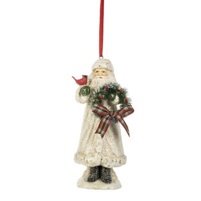 White Santa with Wreath and Cardinal Ornament | Putti Christmas Celebrations