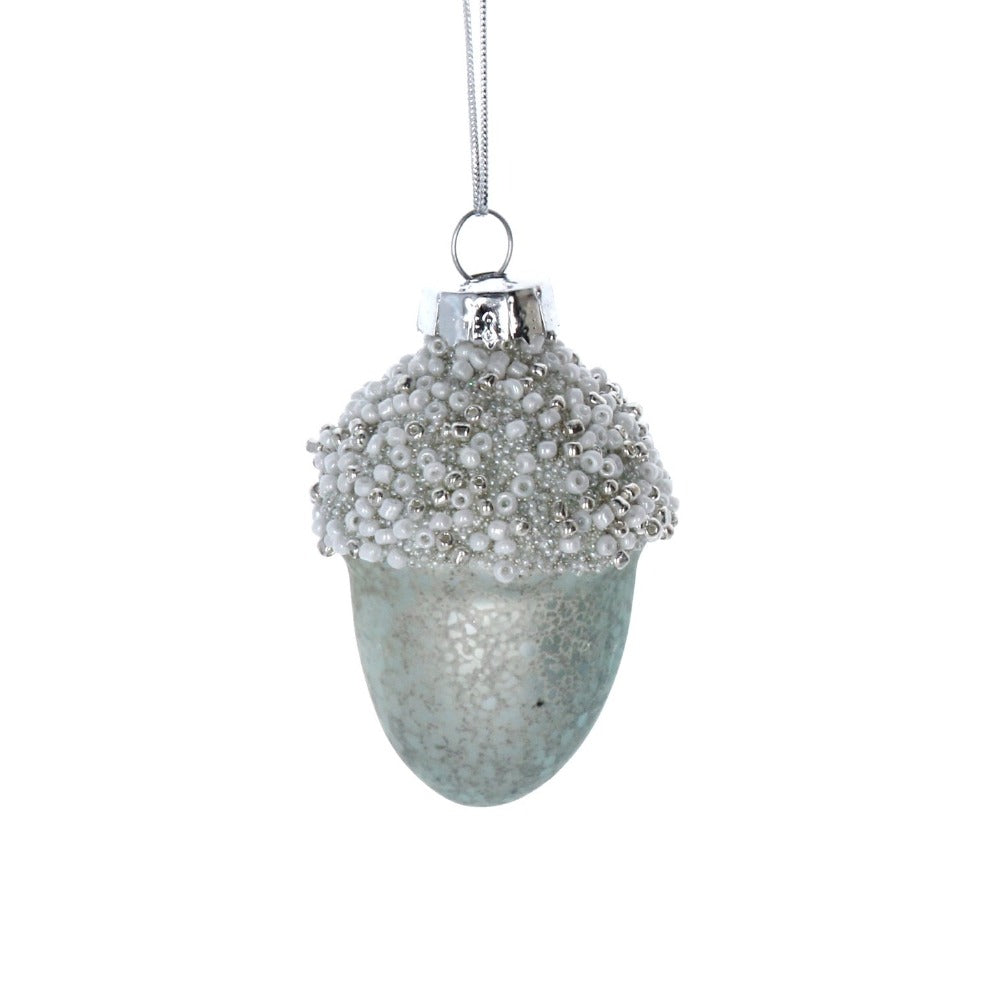 Silver Beaded Acorn Glass Ornament
