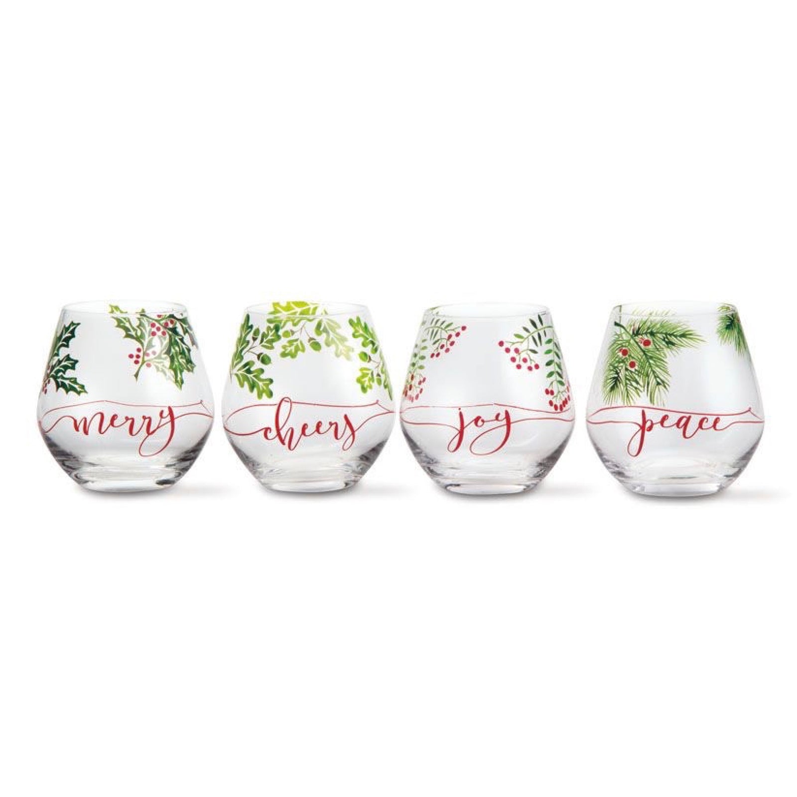 Boughs of Holly Stemless Wine Glass Assortment Set of 4