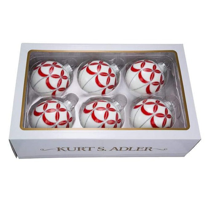 Kurt Adler Red and White Pattern Glass Ball Ornaments - 6 Piece Box Set | Putti Christmas 
