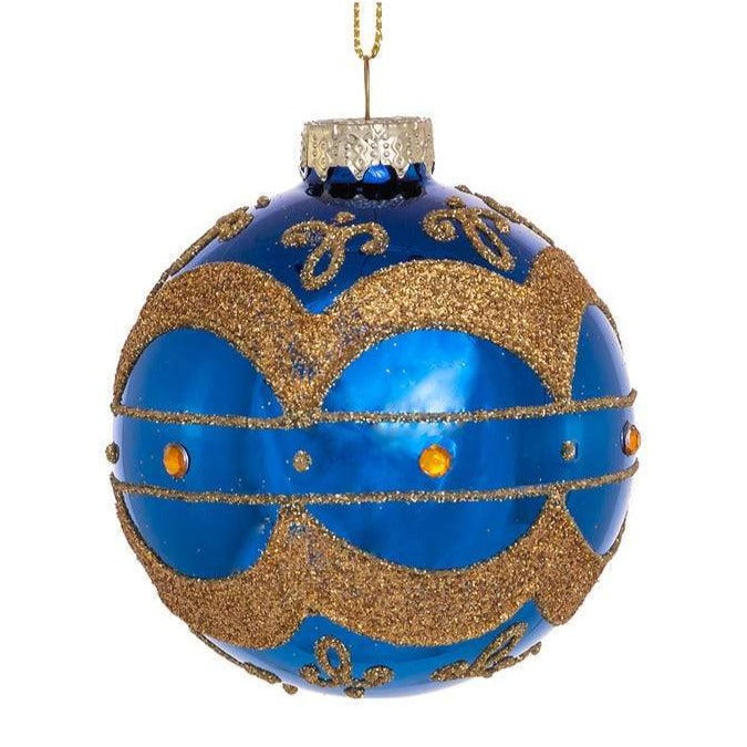 Kurt Adler Shiny Navy Blue with Gold Embellishments Glass Ball Ornaments | Putti 