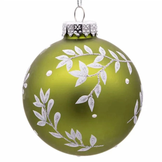 Kurt Adler Green With White Leaves Glass Ornament - Box Set 6