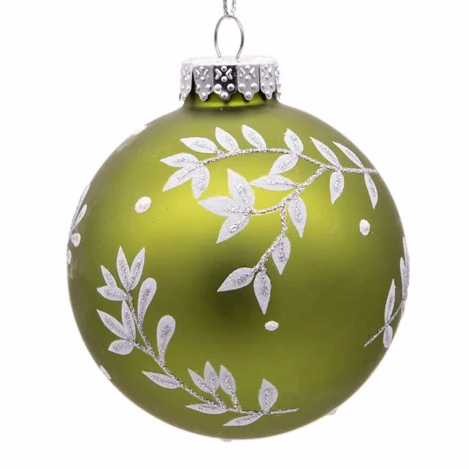 Kurt Adler Green With White Leaves Glass Ornament