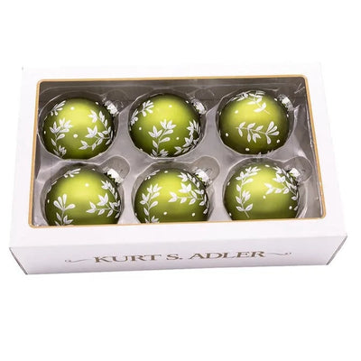 Kurt Adler Green With White Leaves Glass Ornament - Box Set 6