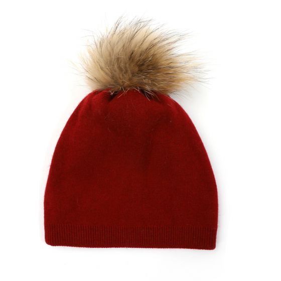 Plain Knit Fur Pom Pom Hat - Red  | Putti Fine Fashions