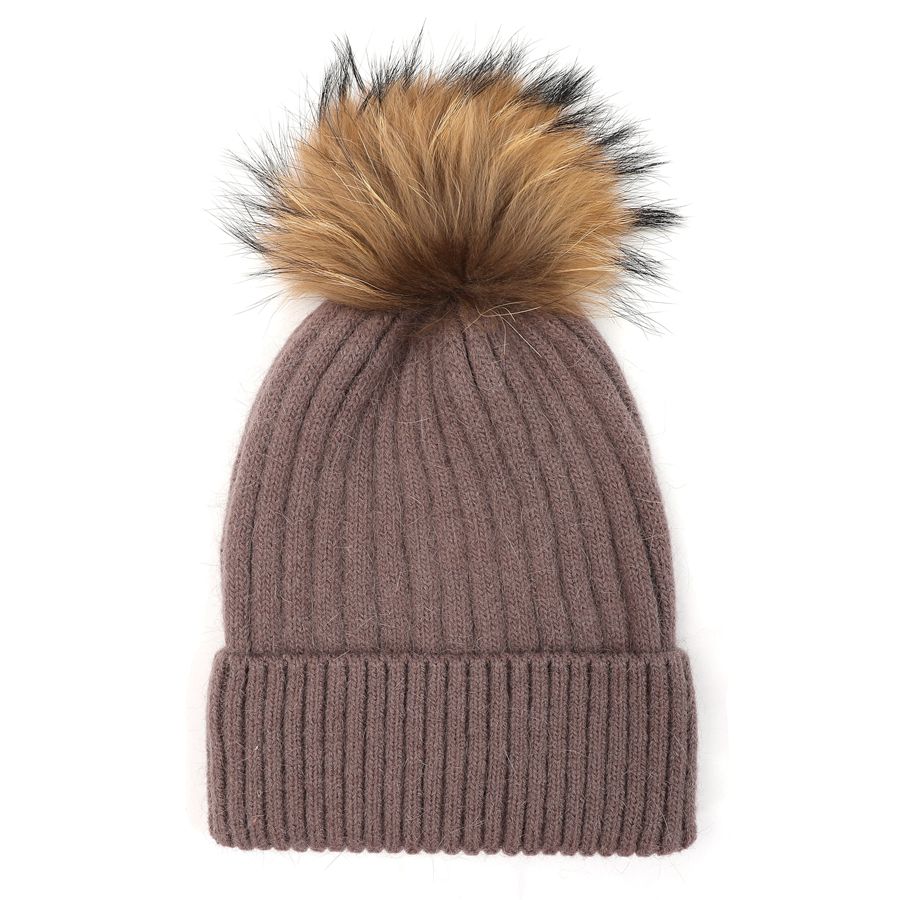 Ribbed Knit Fur Pom Pom Hat - Brown | Putti Fine Fashions 