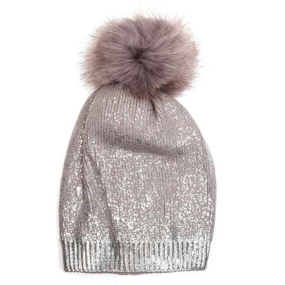 Faux Fur Pom Pom Hat - Silver | Putti Fine Fashions