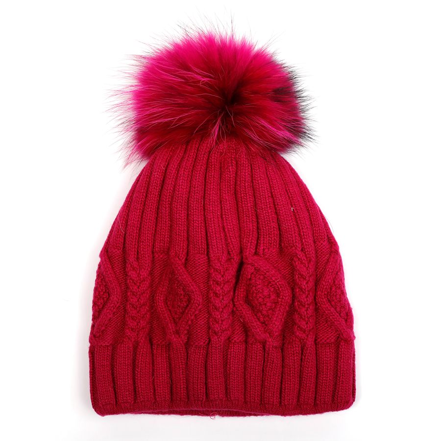 Angora Diamond Cable Knit Fur Pom Pom Hat - Red  | Putti Fine Fashions 