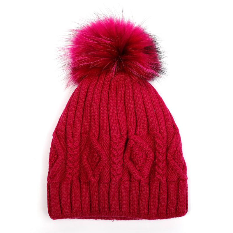 Angora Diamond Cable Knit Fur Pom Pom Hat - Red  | Putti Fine Fashions 