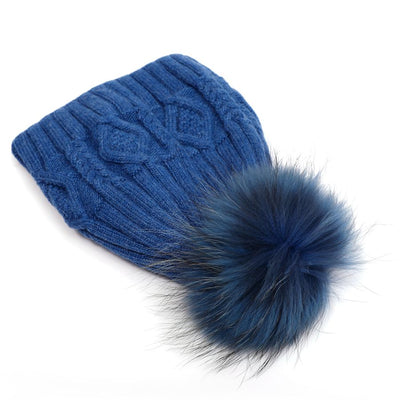Angora Diamond Cable Knit Fur Pom Pom Hat - Blue