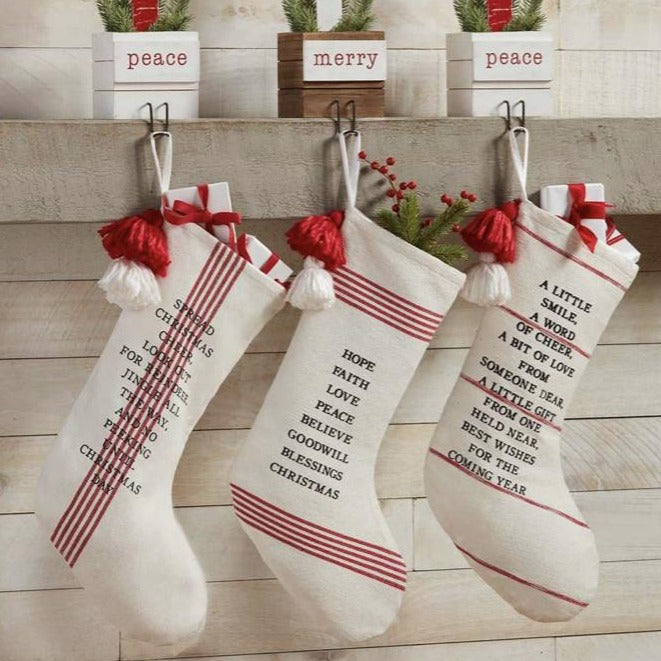 Mud Pie "Hope Faith Love" Red and White Cotton Stocking | Putti Christmas 