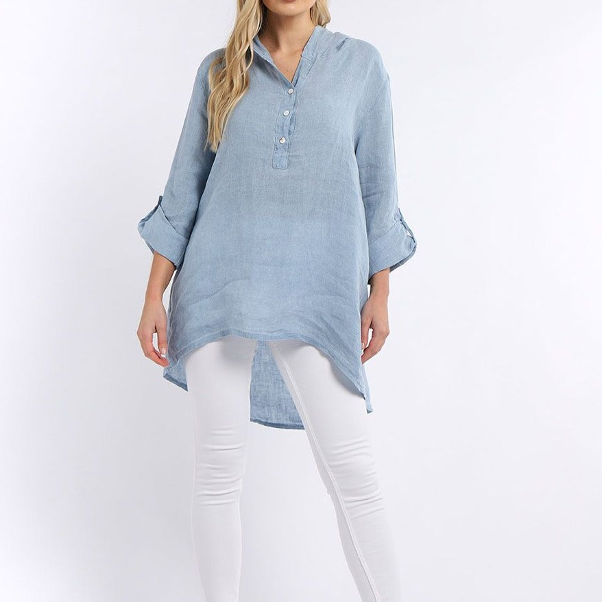 Linen Hoodie Top - Denim