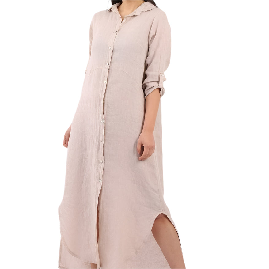 Button Front Long Linen Shirt Dress - Beige