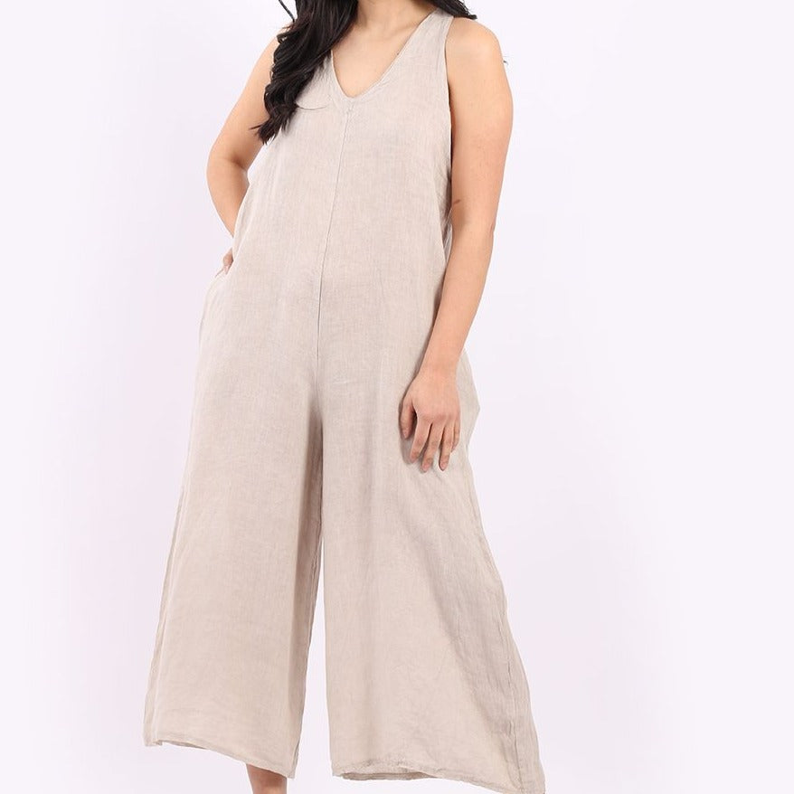 Sleeveless Linen Wide Leg Dungaree - Beige