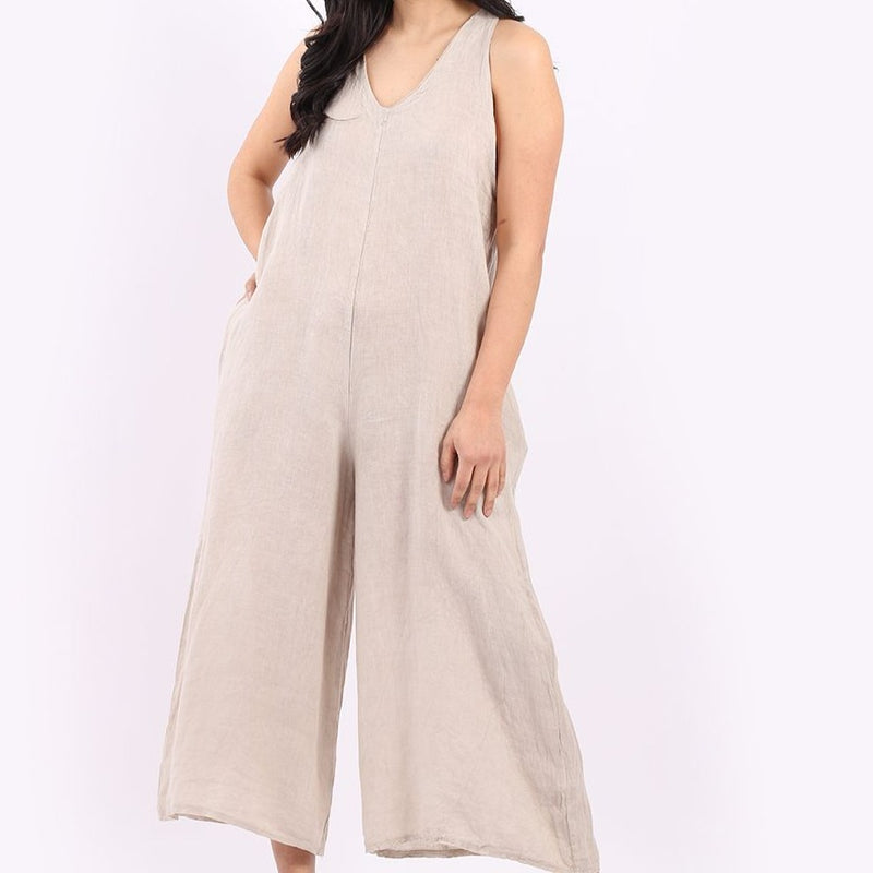 Sleeveless Linen Wide Leg Dungaree - Beige