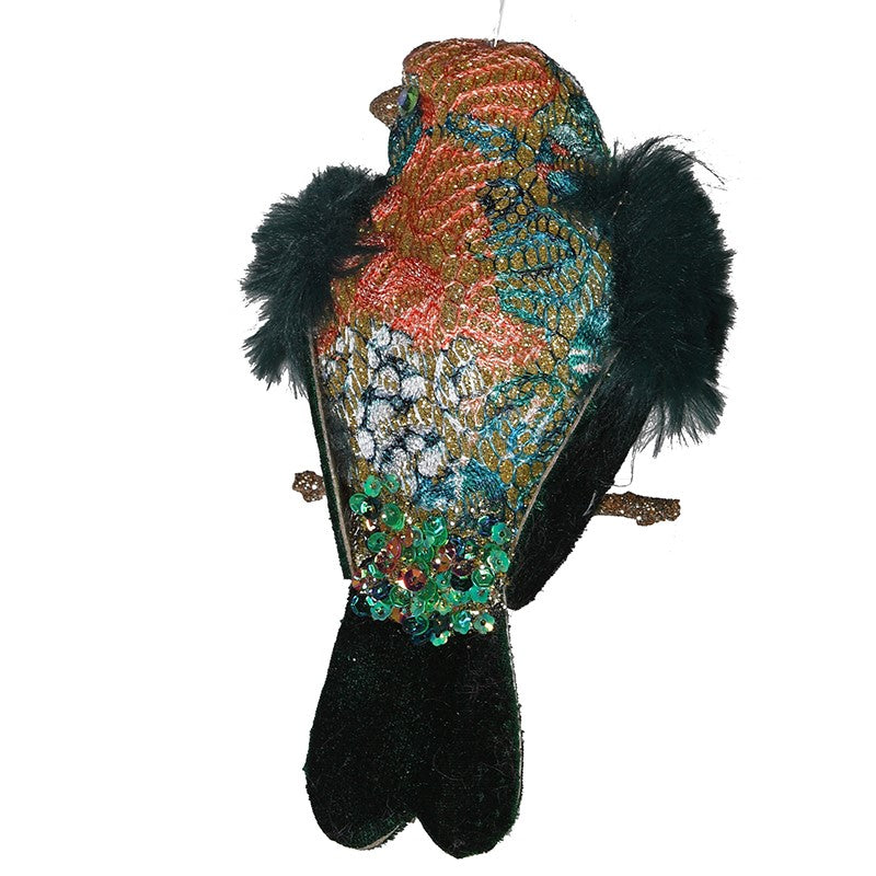 Teal Green Brocade Fur Wing Clip on Bird - Putti Christmas Canada