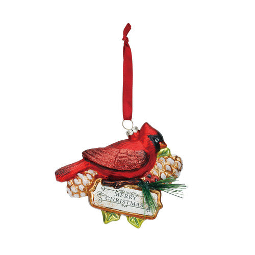 Blown Glass Cardinal Merry Christmas Ornament
