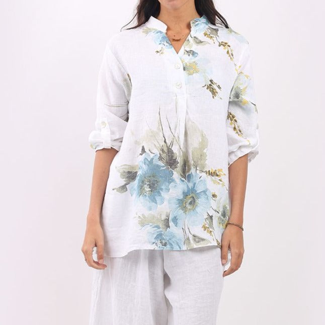 Hi-Lo Floral Linen Top - White