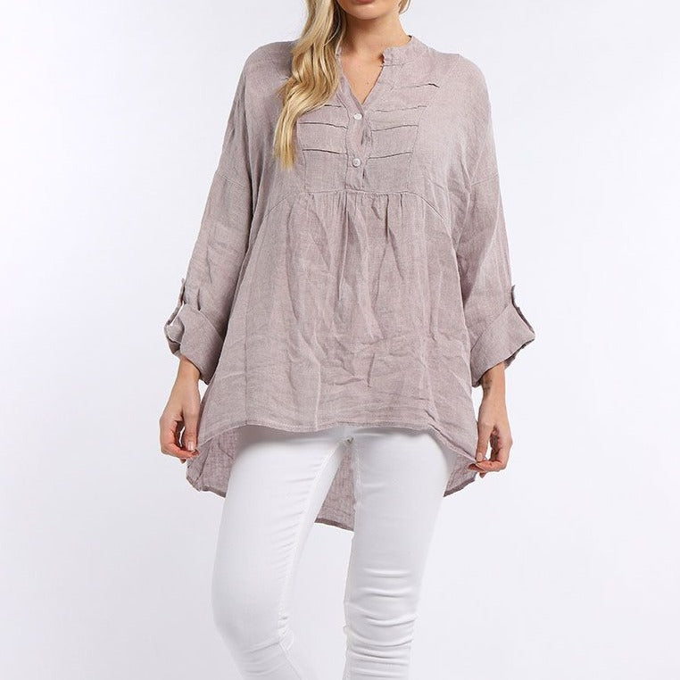 Plain Pleated Front Dip Hem Linen Tunic Top - Pink