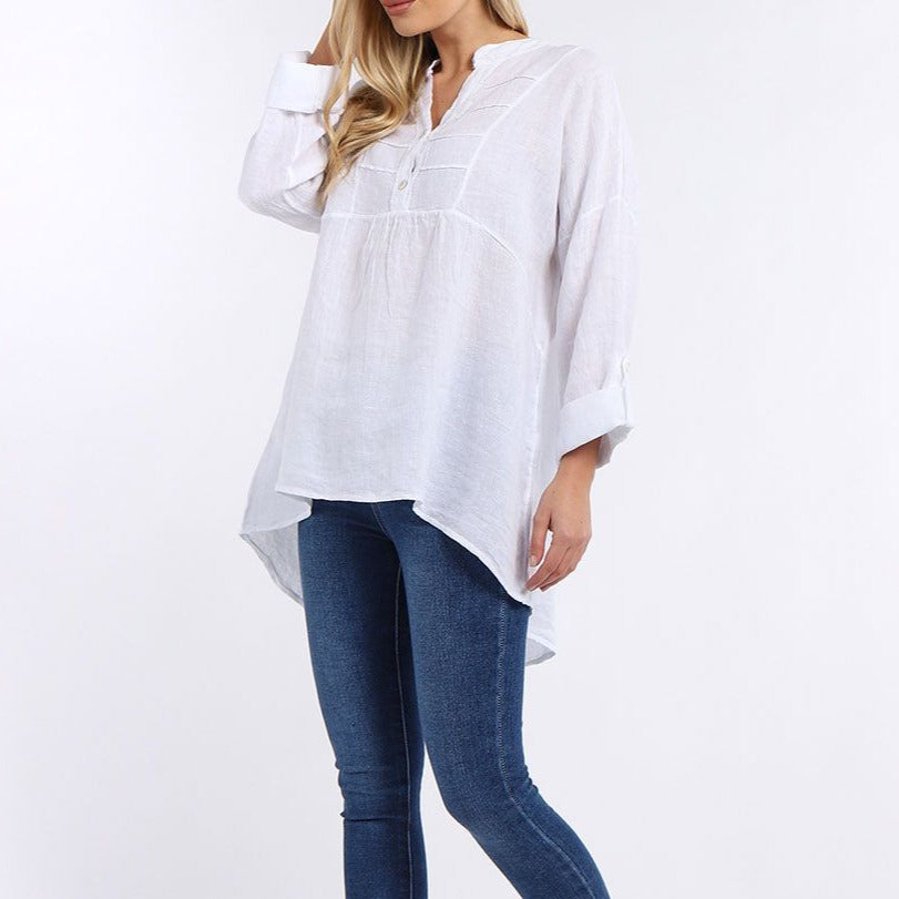 Plain Pleated Front Dip Hem Linen Tunic Top - White