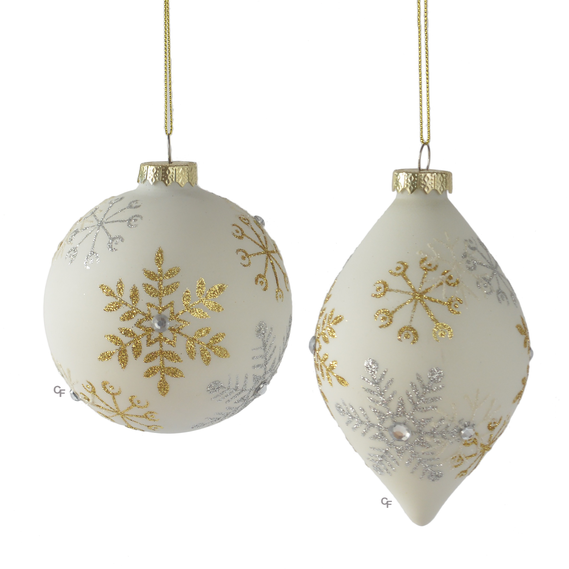 Off White with Gold and Silver Snowflakes Glass Ball Ornament | Putti Christmas 