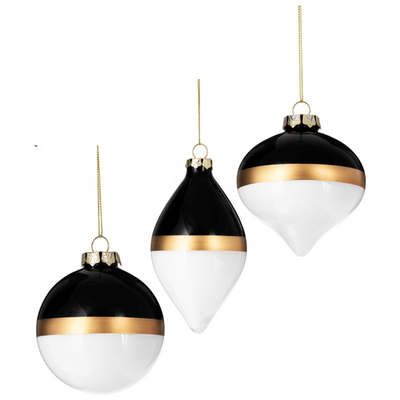 Black and White Glass Ornamentwith Gold Band | Putti Christmas Decorations