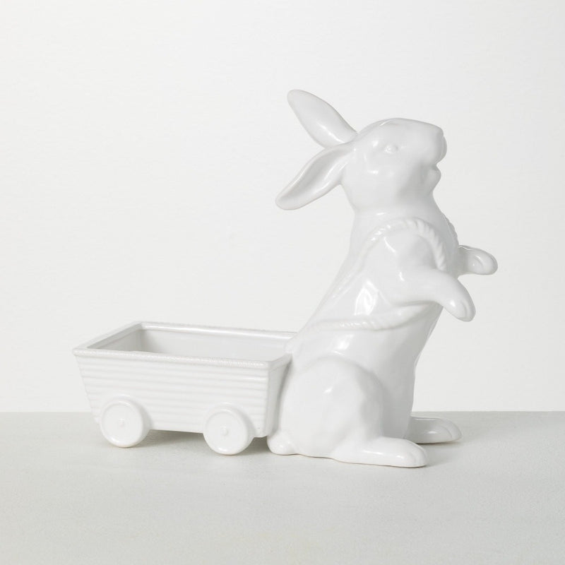 White Ceramic Bunny with Wagon