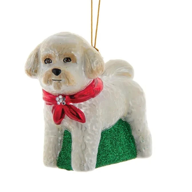 Kurt Adler Bichon Frise with Red Bow Glass Ornament | Putti Christmas 