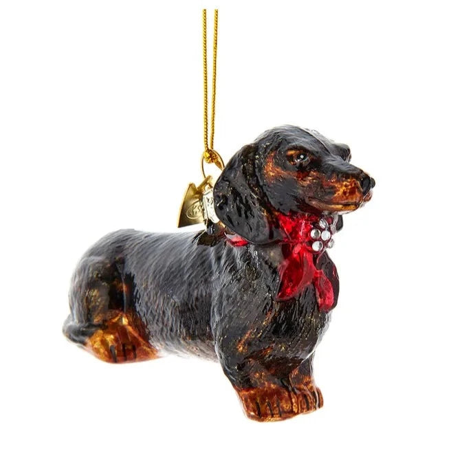 Kurt Adler  Black and Tan Daschund with Red Scarf Glass Ornament