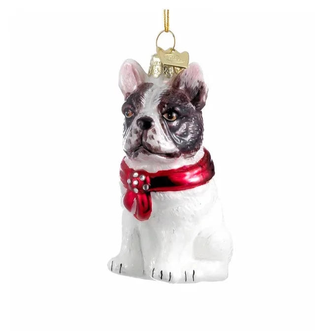 Kurt Adler French Bulldog with Red Scarf Glass Ornament | Putti Christmas 