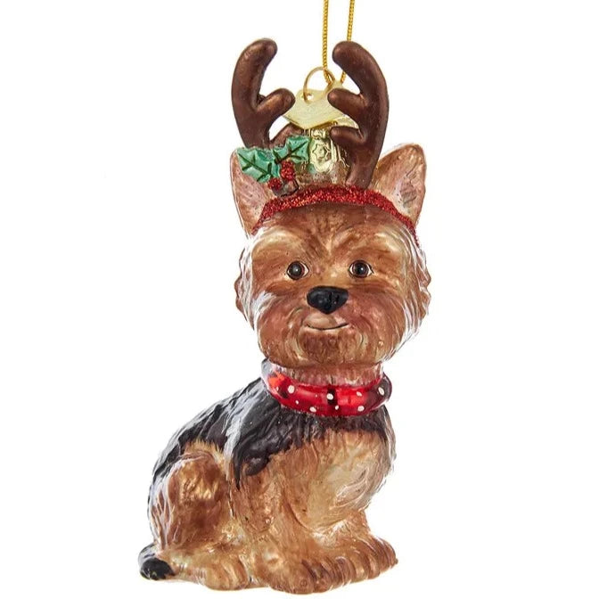 Kurt Adler Yorkshire Terrier with Antlers Glass Ornament | Putti Christmas 