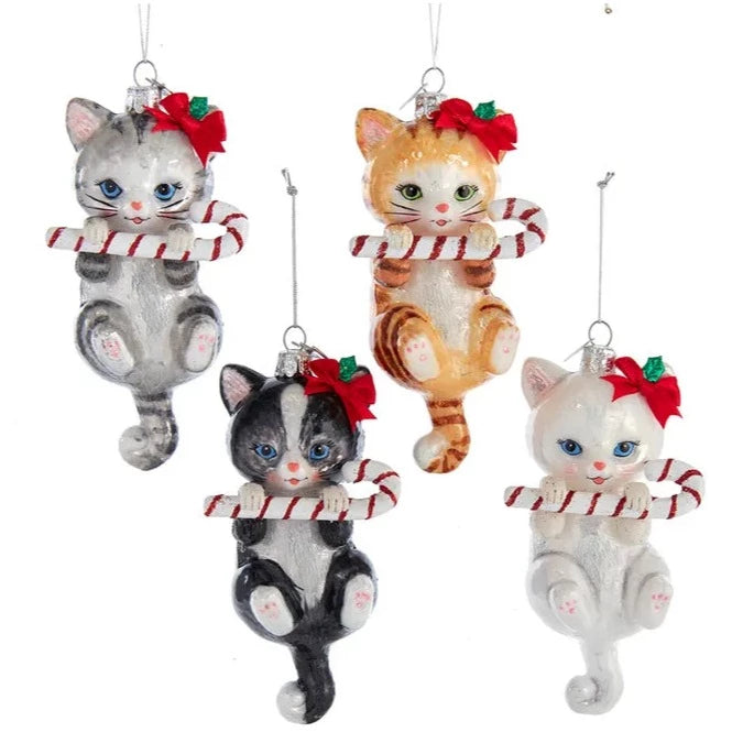 Noble Gems Cat with Candy Cane Glass Ornament