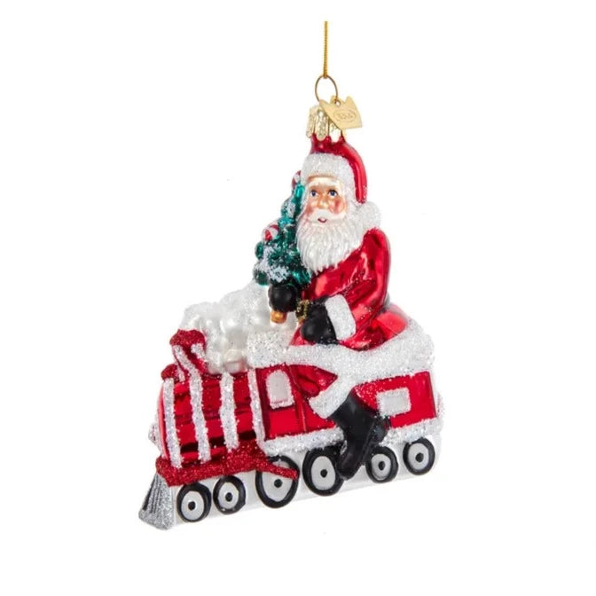 Noble Gems Glass Peppermint Santa With Train Ornament  | Putti Christmas Canada 