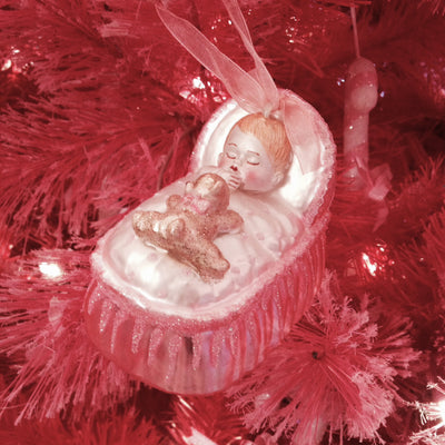 Pink Baby Bassinet Glass Ornament, Inovation, Putti Fine Furnishings