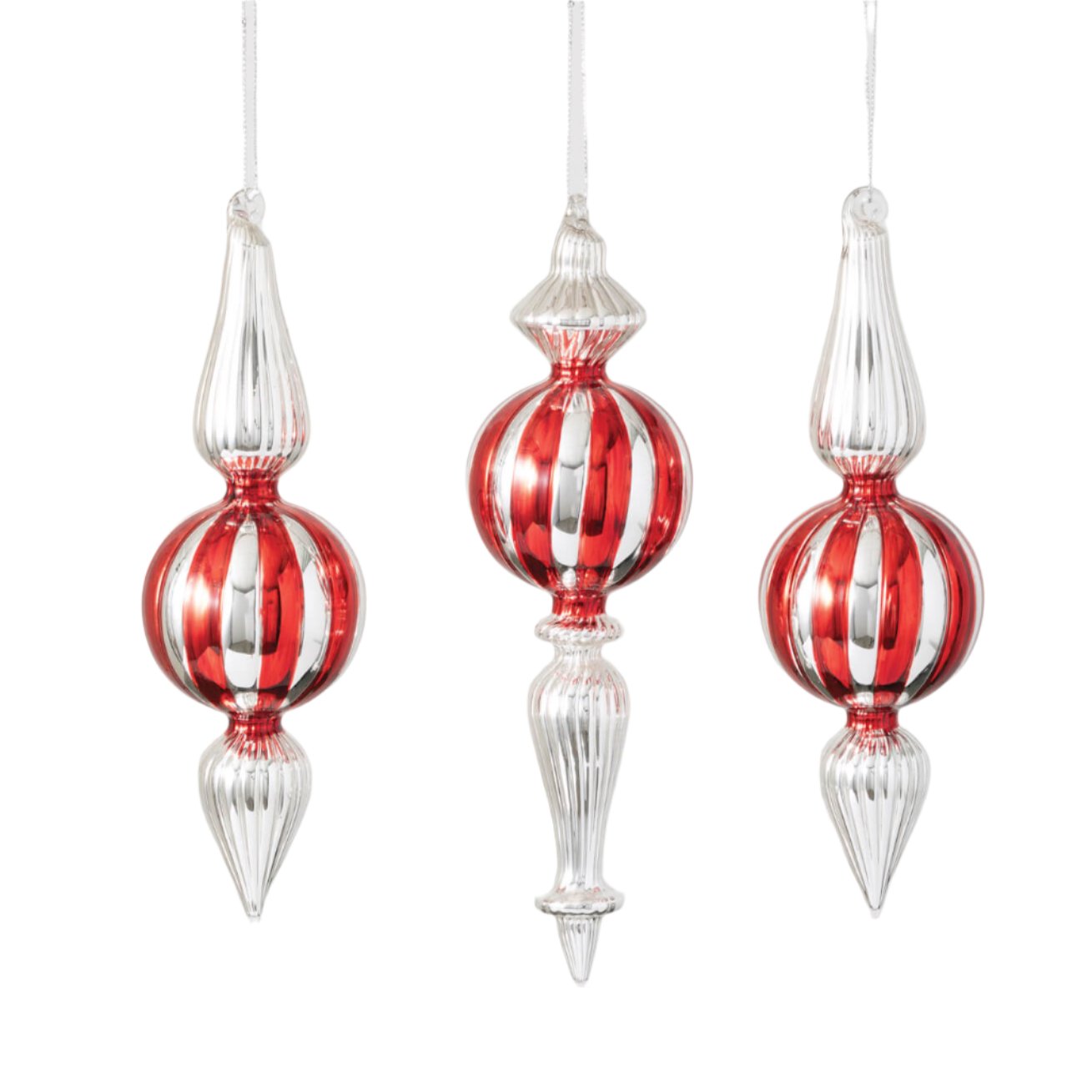 Red and Silver Finial Glass Ornament - 3 Assorted