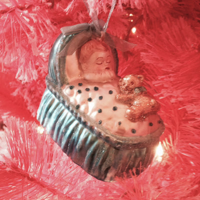 Blue Baby Bassinet Glass Ornament, Inovation, Putti Fine Furnishings