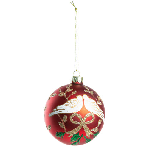 Matte Red Glass Ball Ornament with Turtle Doves | Putti Christmas 