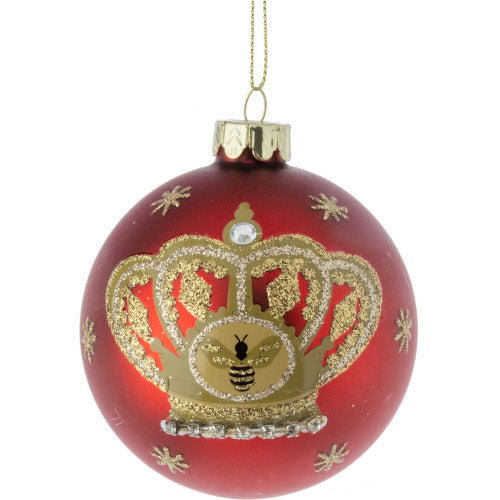 Matte red glass ball with glittered gold crown and bee icon orn 12