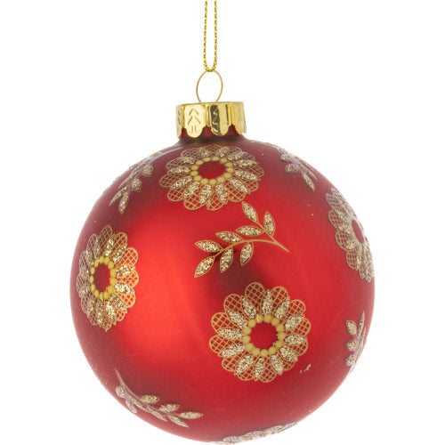 Matte Red with Gold Lacey Flowers Glass Ball Ornament