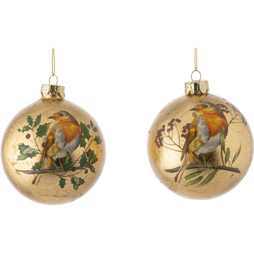 Gold with Robins on Holly Glass Ball Ornament