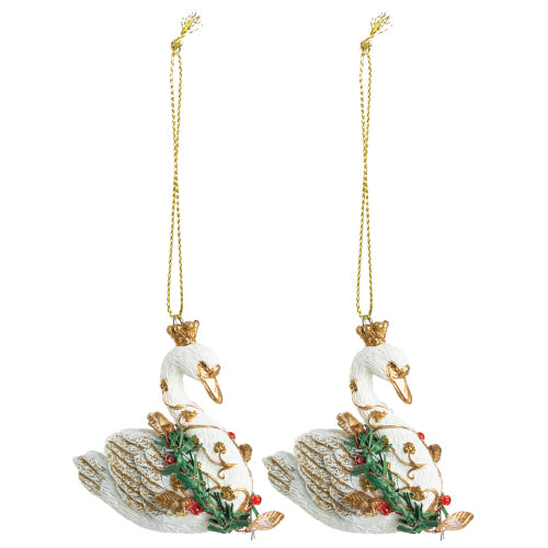 White Resin Swan with Crown and Wreath |  Putti Christmas Canada 