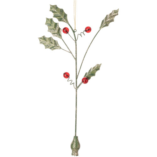 Branch with Green Holly and Red Berries Metal Ornament