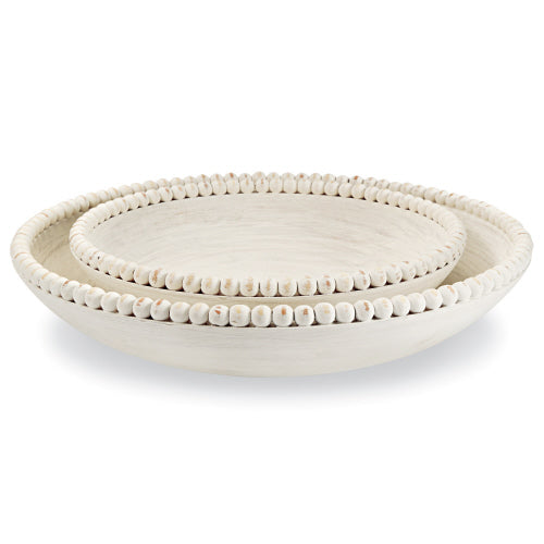 Mud Pie White Washed Beaded Wood Bowl - Large | Putti Fine Furnishings Canada