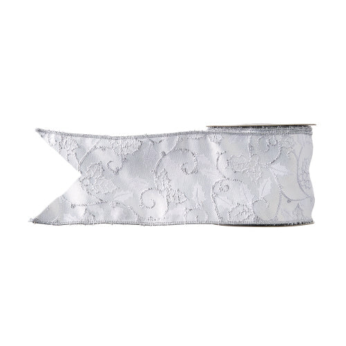 Raz White Embroidered Holly Wired Ribbon  | Putti Christmas Celebrations 